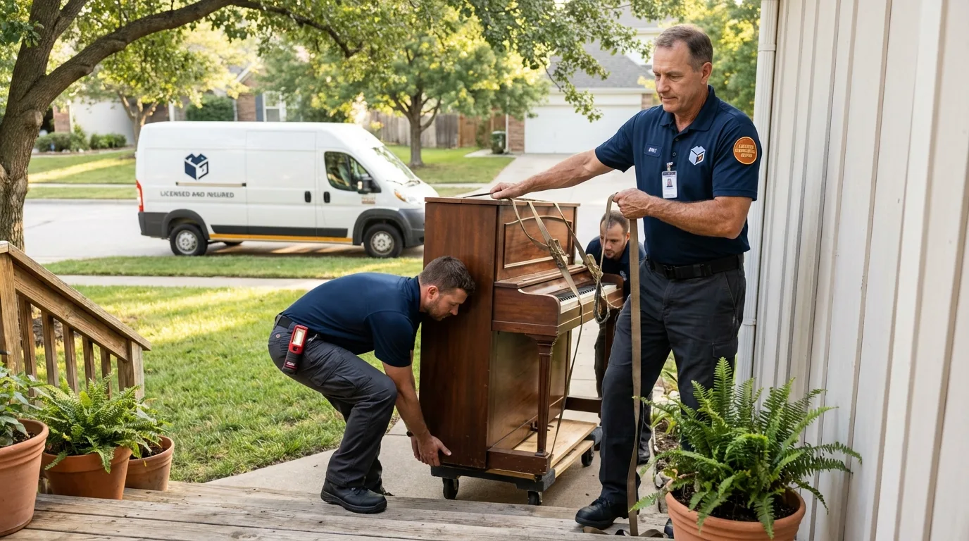 Licensed piano movers securing grand piano in Ocilla, GA